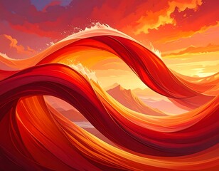 Abstract Waves of Color: A Fiery Sunset Landscape with Dynamic Flow