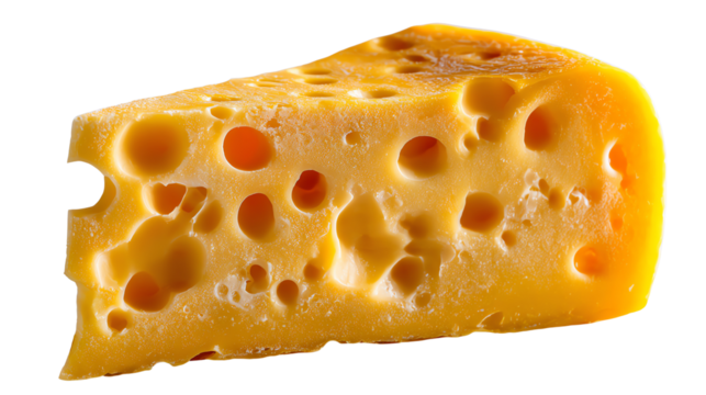 Golden Cheese Delight: A delectable wedge of cheese, its textured surface is riddled with distinctive holes, a testament to its artisanal crafting.