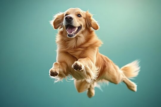 happy golden retriever dog jumping mid-air with ears flapping and joyful expression on blurred teal background