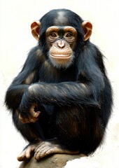 Close-up of a young chimpanzee sitting on a rock with arms crossed and a calm, curious expression against a plain background