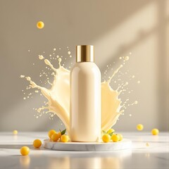 Cosmetic Essence Bottle Mockup with Splash Motion and Fruits