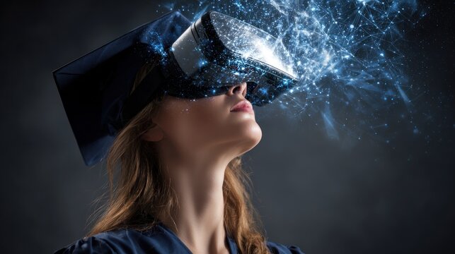 A woman wearing a graduation cap and virtual reality headset, with glowing blue and white light emanating from the headset. - Powered by Adobe