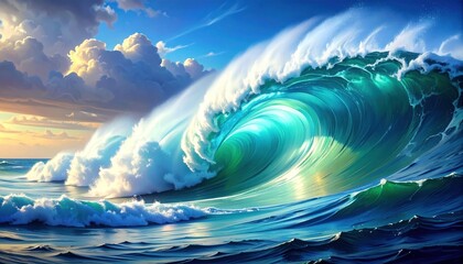 A large ocean wave crests, showcasing swirling water and sky