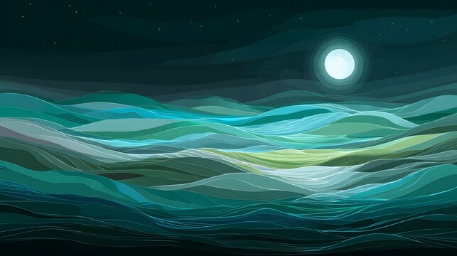 Stylized depiction of layered ocean waves under a bright full moon in a dark night sky