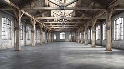 An empty, spacious, industrial warehouse with exposed wooden beams and large windows.