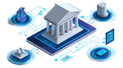Banking in Digital Age: A symbolic representation of digital banking and financial transactions, showing a stylized building placed on a mobile device and interconnected with digital elements.