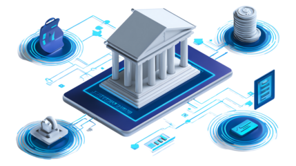 Banking in Digital Age: A symbolic representation of digital banking and financial transactions, showing a stylized building placed on a mobile device and interconnected with digital elements.