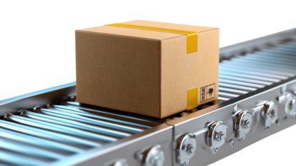 Automated Delivery: A solitary cardboard box journeys along an automated conveyor belt, symbolizing efficiency, logistics, and the seamless movement of goods in the modern age.