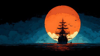 Silhouette of a large sailing vessel floating upon water against an enormous, bright orange celestial body.