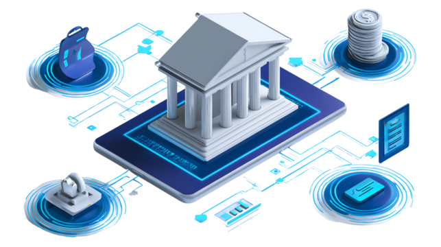 Banking in Digital Age: A symbolic representation of digital banking and financial transactions, showing a stylized building placed on a mobile device and interconnected with digital elements.