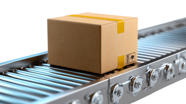 Automated Delivery: A solitary cardboard box journeys along an automated conveyor belt, symbolizing efficiency, logistics, and the seamless movement of goods in the modern age.
