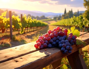Aesthetic Vineyard Image Featuring Grapes on a Wooden Table and Greenery at Sunset