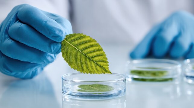 A scientist examining a green leaf in a petri dish.