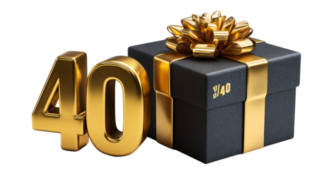 40th Anniversary Gift: A luxurious dark gift box with a shimmering gold bow alongside a golden number 40, symbolizing a milestone of celebration. This image exudes elegance and achievement.