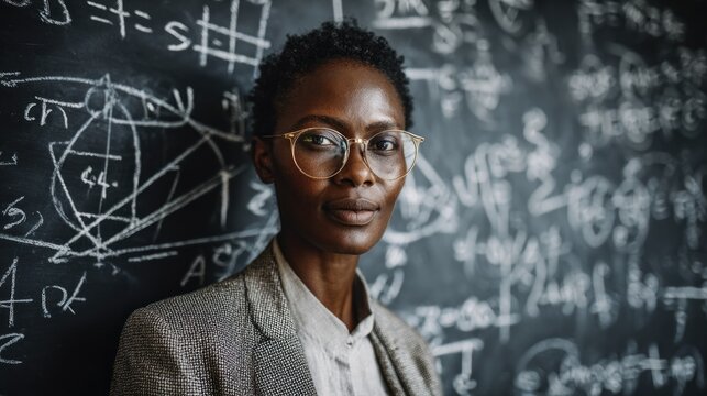 A woman with short hair standing in front of a chalkboard with mathematical equations. - Powered by Adobe