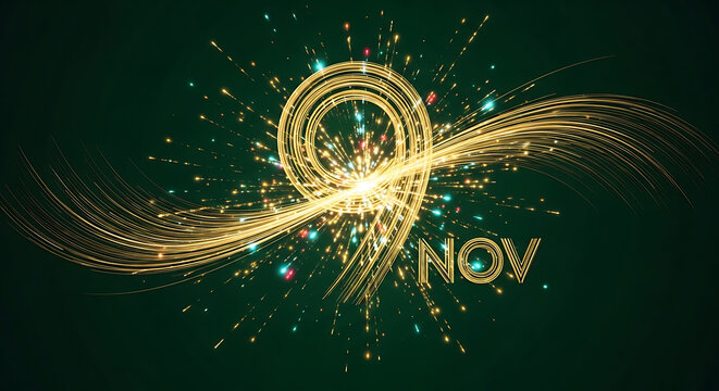 Festive November 9th Celebration with Golden Sparkles and Swirls
