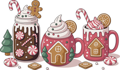 Christmas Hot Chocolate Vector – Festive Mugs with Whipped Cream, Candy Canes, and Gingerbread Cookies