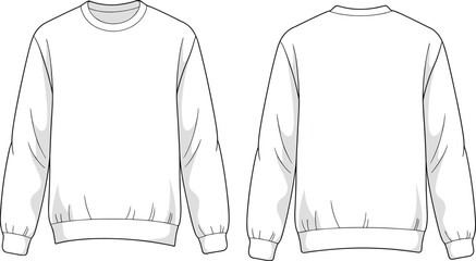 Crewneck sweatshirt technical sketch, front and back view, ribbed cuffs and hem, flat vector CAD fashion illustration template design