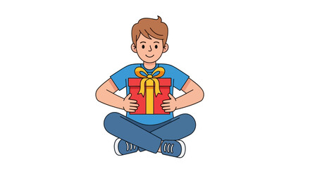Illustration of a man sitting cross-legged holding a wrapped gift.