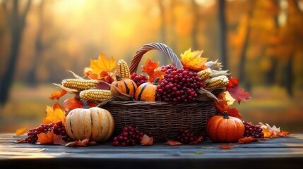 Autumn harvest basket filled with colorful small pumpkins, red berries, dried corn ears, and fall leaves on wooden table with blurred forest background