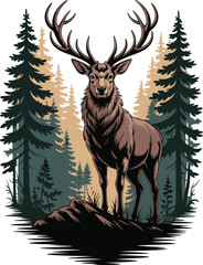 Majestic Deer Vector – Wild Stag Standing on Rock in Pine Forest Illustration
