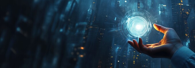 Hand holding glowing futuristic energy orb with digital light effects over dark cityscape background conveying advanced technology and innovation