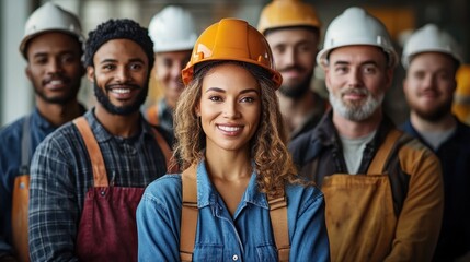 Confident mixed-race construction workers wearing safety helmets and work attire smiling in a team formation at a job site