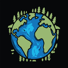 Earth Day Vector – Green Planet Illustration with Trees and Oceans Symbolizing Nature and Sustainability