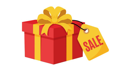 Red gift box with yellow ribbon and sale tag, isolated on white background.