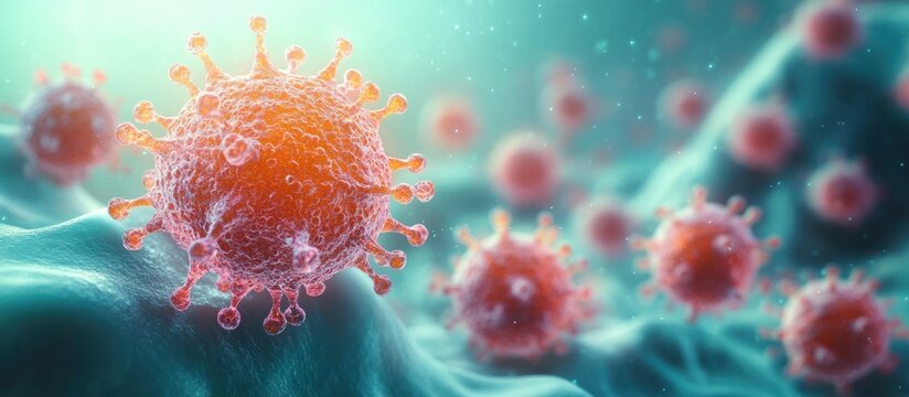 Close-up view of multiple spherical virus particles with spike proteins floating over a textured surface in a bluish environment, depicting microscopic infectious agents