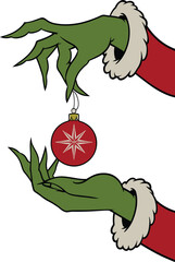 Christmas Mischief Vector – Green Hands in Santa Sleeves Holding Red Ornament