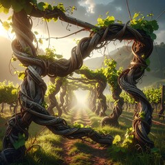 A sunny path through a vineyard, framed by twisted vines with fresh foliage