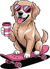 Cool Dog on Skateboard Vector – Cute Golden Retriever with Sunglasses and Coffee Cup