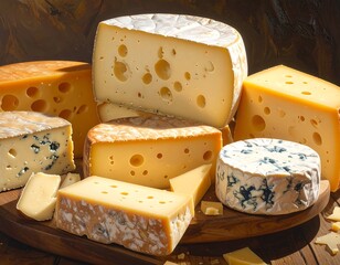 Assortment of Various Cheeses on a Wooden Board for Culinary and Gourmet Purposes
