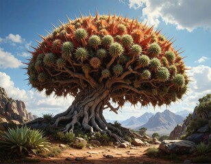 A unique tree with a spiky crown in a mountainous desert landscape