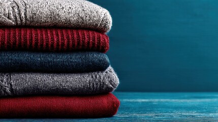 Stack of folded sweaters on a blue wooden table.