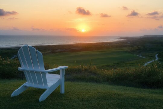 A white wooden chair on a grassy hill overlooking rolling green fields and a calm ocean as the sun sets with soft orange and pink clouds in the sky