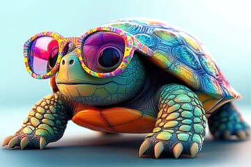 Colorful turtle wearing vibrant patterned sunglasses looking curious and cool with detailed textured shell and skin against soft background