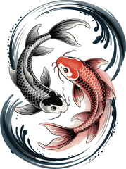 Koi Fish Yin Yang Vector – Red and Black Koi with Water Swirls Symbolizing Balance