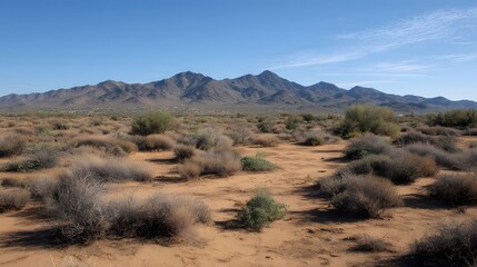 Fototapeta premium Arid landscape features scrub brush and distant rugged mountains under a clear blue sky