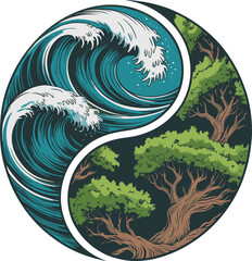 Nature Yin Yang Vector – Balance of Ocean Waves and Forest Trees Symbolizing Harmony