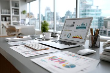 Data analysis information on a laptop screen and notebooks on a desk. business charts and statistical data. Professional analyzing financial data graphs, charts on laptop display at a modern workspace