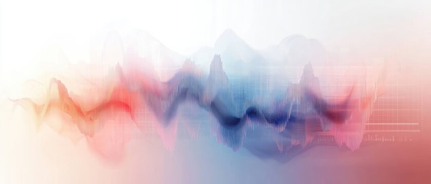 Abstract digital waveforms in soft pastel colors with red, blue, and purple gradients creating a flowing, dynamic visual effect suggesting motion and energy