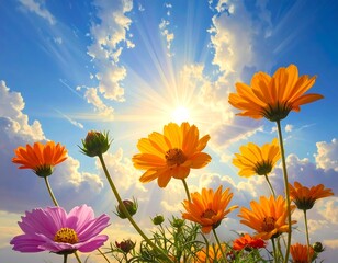 Beautiful vibrant flowers reaching for the sun against a bright blue sky