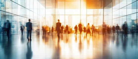 blurred businesspeople walking inside a modern glass office building with reflection and warm sunlight