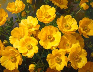 Beautiful close up view of several vibrant yellow flowers in full bloom