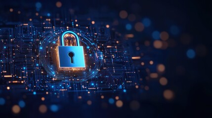 Glowing padlock icon representing digital security on illuminated circuit board with blue and orange lights in dark background