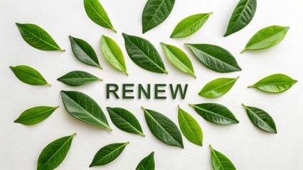 Naklejka premium Green Leaves Arranged Around Word Renew on White Background