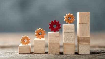 A wooden block structure with gears on top, representing a concept of progress or growth.
