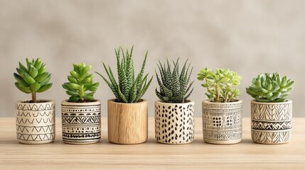 A row of six small, decorative ceramic pots with succulent plants in them.